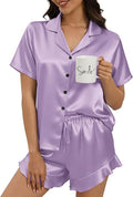Silk Pajamas for Women Button Down 2 Piece Satin Pjs Shorts Set Ruffle Notch Collar Sleepwear Loungewear