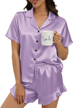 Silk Pajamas for Women Button Down 2 Piece Satin Pjs Shorts Set Ruffle Notch Collar Sleepwear Loungewear