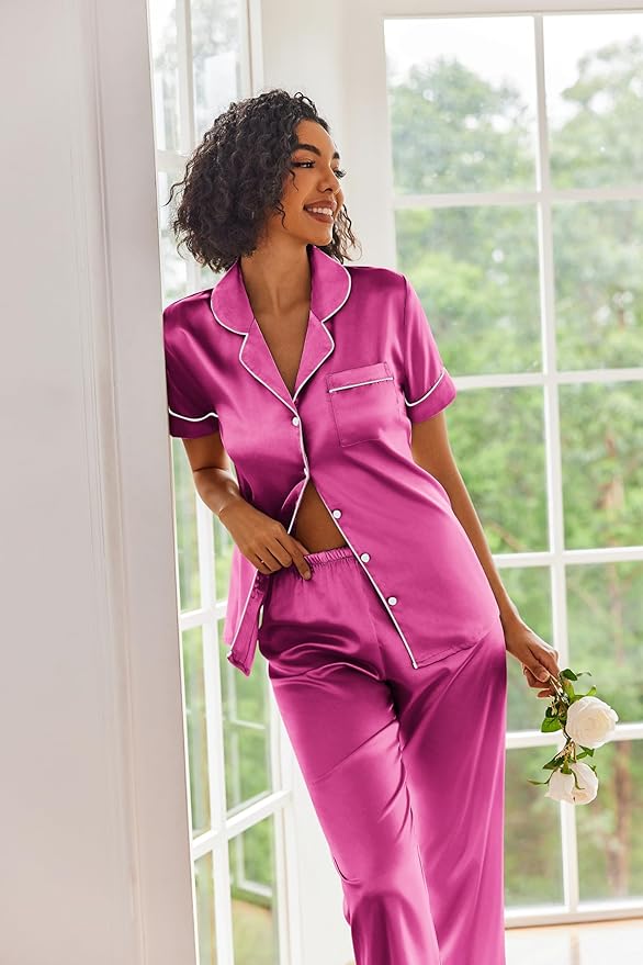 Ekouaer Silk Satin Pajamas Set Women Short Sleeve Sleepwear Soft Button Down Loungewear Pjs Set
