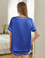 Silk Pajamas for Women Short Sleeve Satin 2 Piece Pj Set Soft V Neck Sleepwear Loungewear, S-XXL