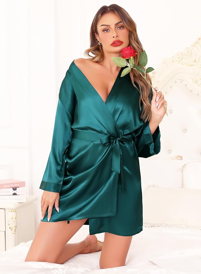 Women's Robes Satin Bathrobe Lightweight Short Silk Kimono V-Neck Bride Bridesmaids Loungewear