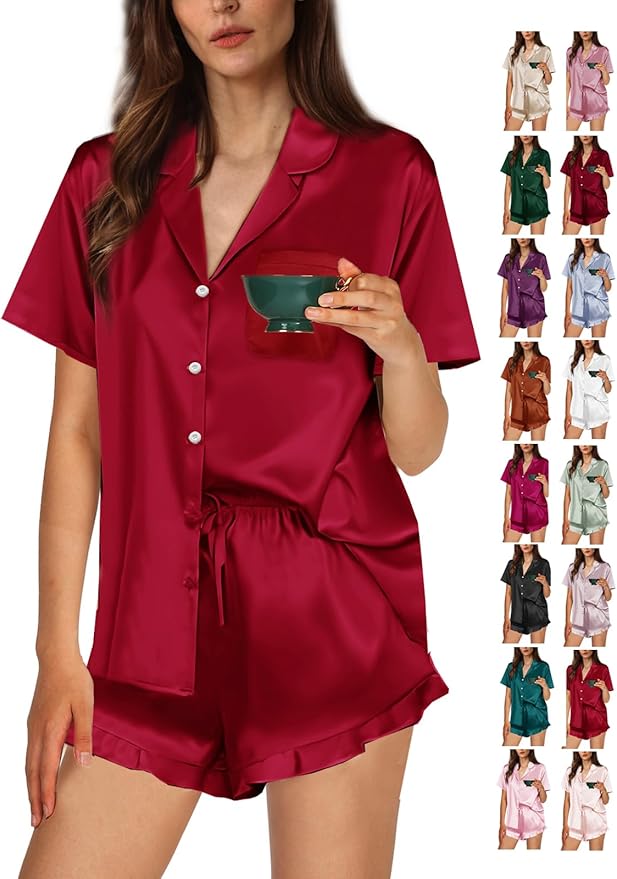 WJing Yi Jia Ruffle Pajama Sets For Women XS-4XL Womens Silk Satin Pajamas Set Silky Sleepwear Pj Sets Nightwear Loungewear