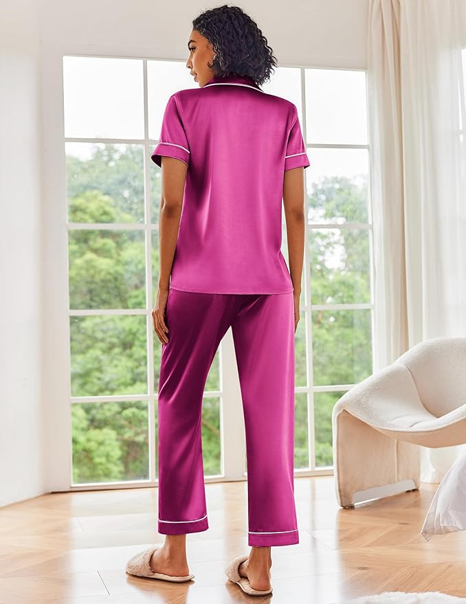 Ekouaer Satin Pajamas Set Women Short Sleeve Sleepwear Soft Button Down Loungewear Pjs Set