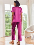 Ekouaer Satin Pajamas Set Women Short Sleeve Sleepwear Soft Button Down Loungewear Pjs Set
