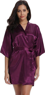 Vlazom Womens Kimono Robes Dressing Gown Satin Bathrobe Nightdress Short Style Bridal Robe