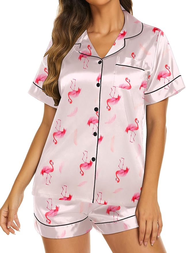 Ekouaer Silk Pajamas for Women Short Sleeve Sleepwear Soft Button Down Loungewear 2 Piece Satin Pjs Shorts Set