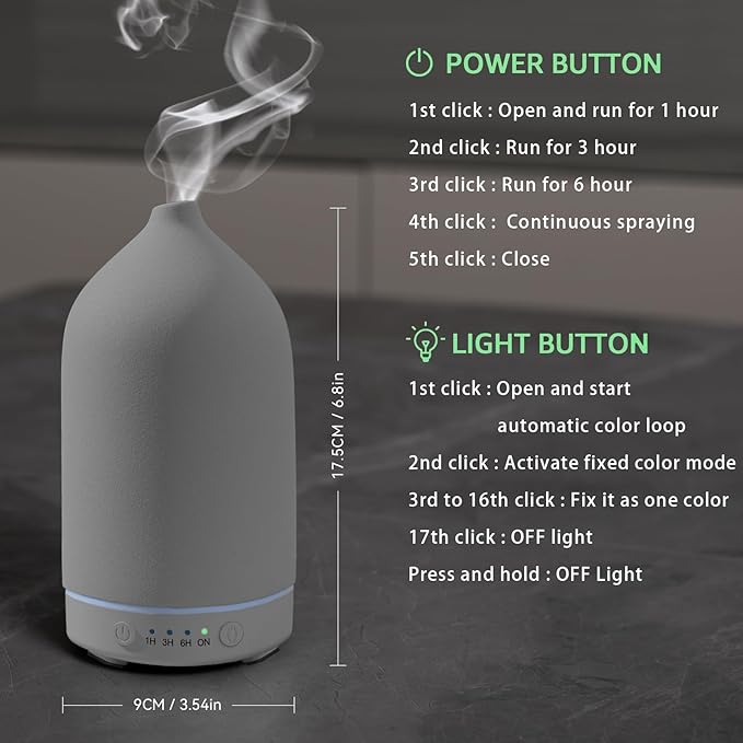 Gooamp 200ML Ceramic Essential Oil Diffuser - Ultrasonic Aromatherapy & Humidifier with 7-Color LED Lights, Auto Shut-Off, Grey, 1H/3H/6H Timer | Scent for Home,Office,Yoga