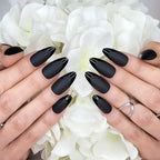 Hypnaughty 24 Pcs Caviar Almond Black Matte Press On Nails with Glossy Black French Tip and Glue Medium Long Pointed Oval False Nails (Caviar)