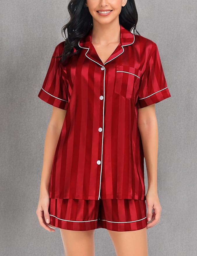 SWOMOG Satin Matching Pajamas Sets Couple Silk Button Down Nightwear Women & Men Short Sleeve Sleepwear 2 Pieces Loungewear