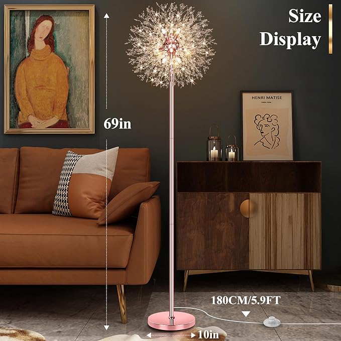 BesLowe 69'' Crystal Floor Lamp for Living Room, Modern Standing Lamp with 738PCS K9 Crystals, Tall Lamp Pole Light for Bedroom Office, Mid Century Floor Lighting with 9 LED Bulbs, Rose Gold