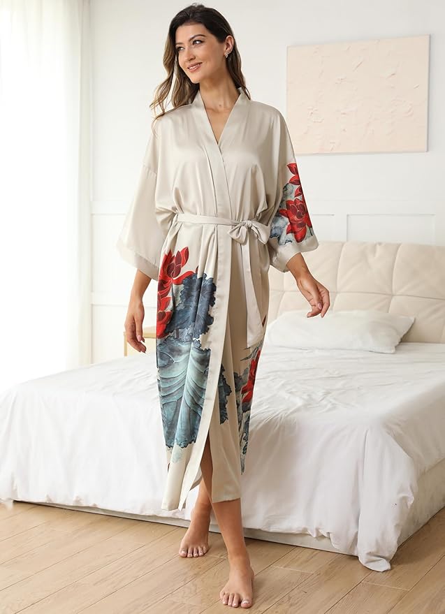Kihnop Women's Floral Long Kimono Robe Long Satin Robe Long Silk Robe Ladies Kimonos Silky Bathrobe Cover Up, One Size