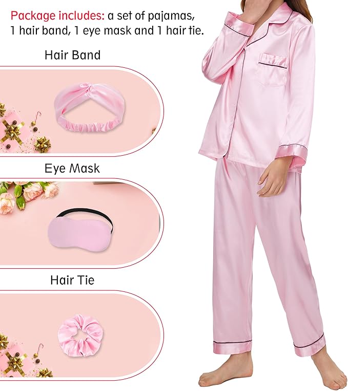 EPLAZA Kids Satin Pajamas Sets Girls Boys Button-Down Silky Pajamas Sleepwear with Hairband Eye Mask Hair Tie