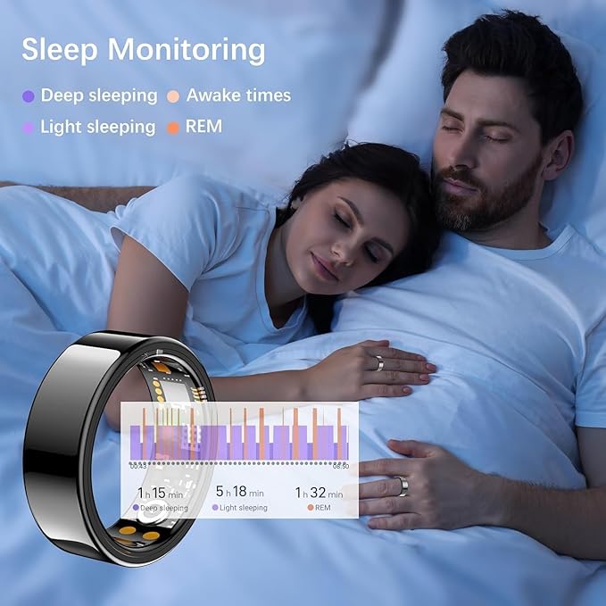Ring Health Tracker for Women Men, Fit Ring with Heart Rate, Blood Oxygen, Sleep Monitor, Calories, Step Counter, IP68 Waterproof Smart Ring for iPhone & Android, No Subscription Fee (Black, 7#)