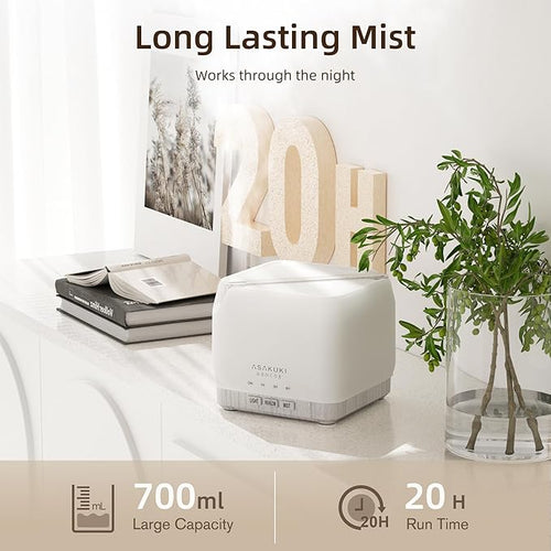 ASAKUKI Essential Oil Diffuser for Home, Large 700 ml Humidifier with Automatic Shut-Off, Quiet Aromatherapy Diffuser with 7 LED Lights for Living Room, Kitchen, Bedroom, Hotel - White