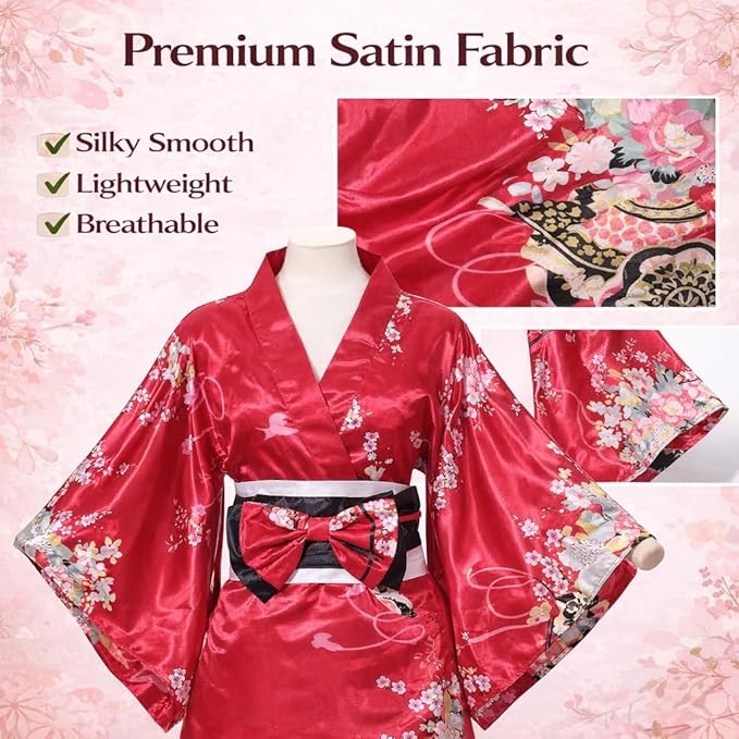 Kimonos for Women Japanese Style Satin Kimono Robe with Bow Belt Fan Hair Accessory and Tabi Socks
