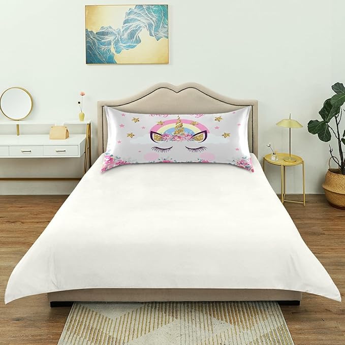 Cute Unicorn Girl Print Satin Pillowcase for Hair and Skin, Unicorn and Pink Flowers Silk Pillow Case with Envelope Closure, Queen Size 20x30 inches, White, 1 PC