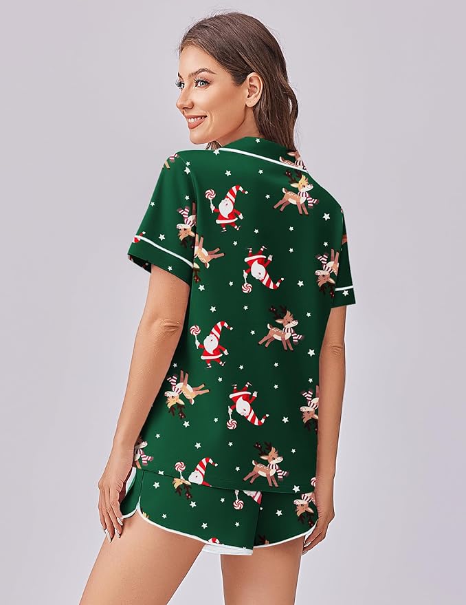 Ekouaer Womens Silk Satin Pajama Set Print Short Sleeve Sleepwear Button Down Pjs Shorts Set Loungewear