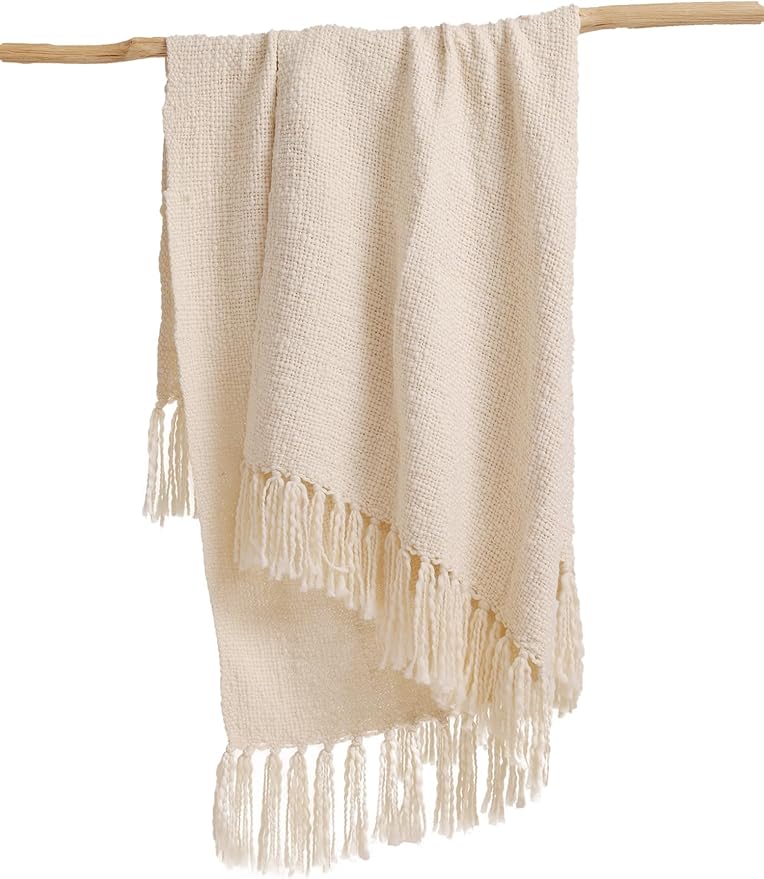 YnM Basketweave Knit Throw, Solid Neutral Vibe Textured Blanket with Tassel for Home Decor, 50 x 60 in, Cream
