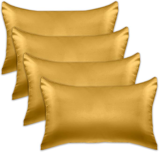 Elegant Comfort 4-Pack Cooling Viscose Satin Pillowcase Set with Hidden Zipper Closure, Silky Smooth for Best Hair and Skin Care-Beautiful Gift Box-4-Piece Satin Pillowcase Set, Standard/Queen, Gold