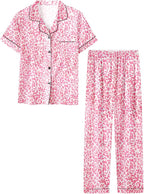 Umeyda Girls Womens Pajamas Set, Satin Silky Button Down Loungewear 2 Piece Short Sleeve Pants PJS Sets for Mommy Kids