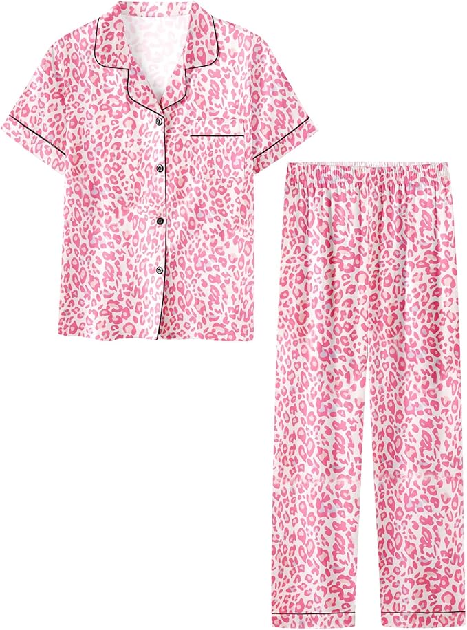 Umeyda Girls Womens Pajamas Set, Satin Silky Button Down Loungewear 2 Piece Short Sleeve Pants PJS Sets for Mommy Kids