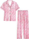 Umeyda Girls Womens Pajamas Set, Satin Silky Button Down Loungewear 2 Piece Short Sleeve Pants PJS Sets for Mommy Kids