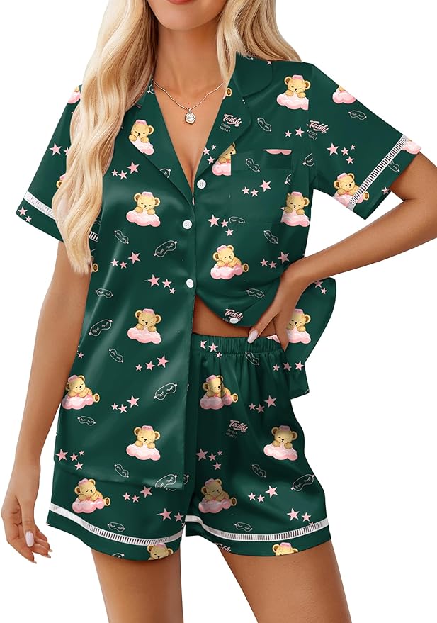 Ekouaer Womens Silk Pajama Sets Button Up Satin Pjs Short Sleeve 2 Piece Pj Sets Cute Lounge Sets with Chest Pocket
