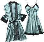 Women's 4pcs Silk Satin Pajamas Set Floral Lace Trim Dress with Robe Lounge Sleepwear Nightdress Novelty Loungewear