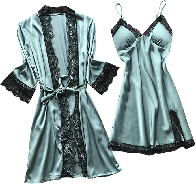Women's 4pcs Silk Satin Pajamas Set Floral Lace Trim Dress with Robe Lounge Sleepwear Nightdress Novelty Loungewear