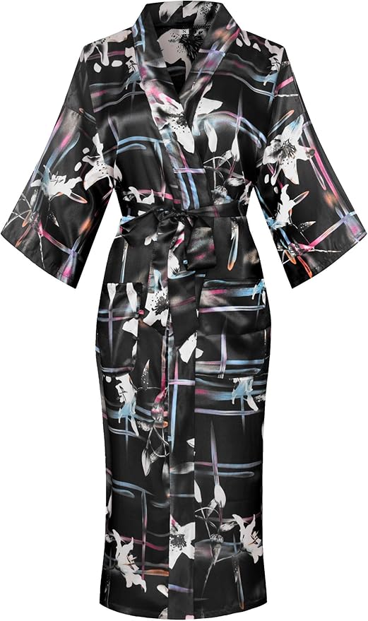Valennia Women Long Silky Bathrobe Satin Kimono Robe Floral Printed Dressing Gown Sleepwear