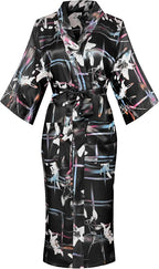 Valennia Women Long Silky Bathrobe Satin Kimono Robe Floral Printed Dressing Gown Sleepwear