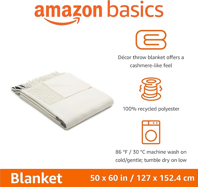 Amazon Basics Chunky Knit Throw Blanket, Lightweight Polyester with Textured Cross-Check Pattern and Fringed Edges, 50 x 60 Inch, Ivory with Blue