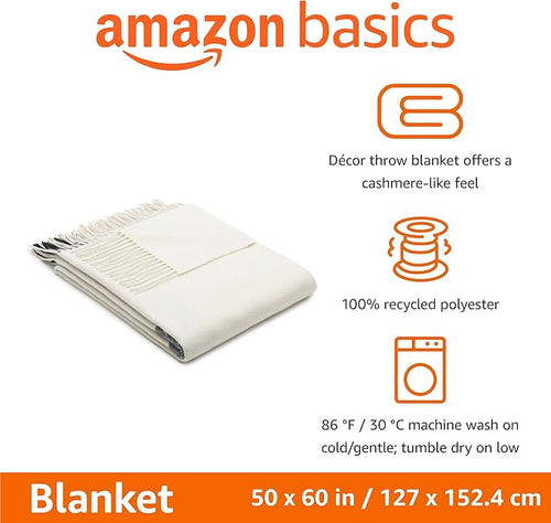 Amazon Basics Chunky Knit Throw Blanket, Lightweight Polyester with Textured Cross-Check Pattern and Fringed Edges, 50 x 60 Inch, Ivory with Blue