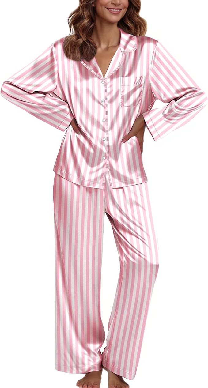 Ekouaer Pajamas For Women Set Silk Pjs 2 Piece Satin Sleepwear Long Sleeve Button Down Lounge Sets With Pant