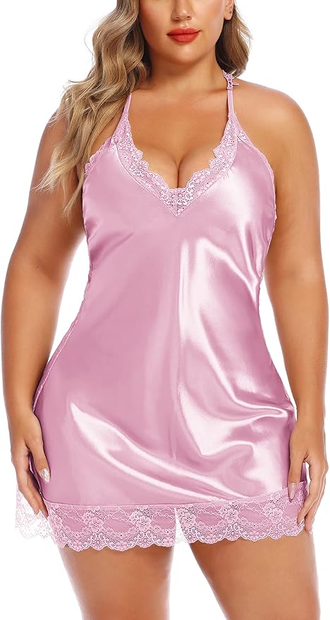 Avidlove Women Lingerie Plus Size Satin Lace Chemise Nightgown Sexy Full Slips Sleepwear L-4XL
