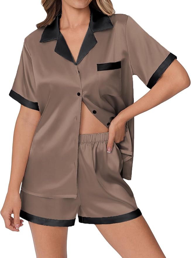 Ekouaer Womens Silk Satin Pajamas Set Animals Print Pjs Button Down Short Sleeve Lounge Set 2 Piece Sleepwear