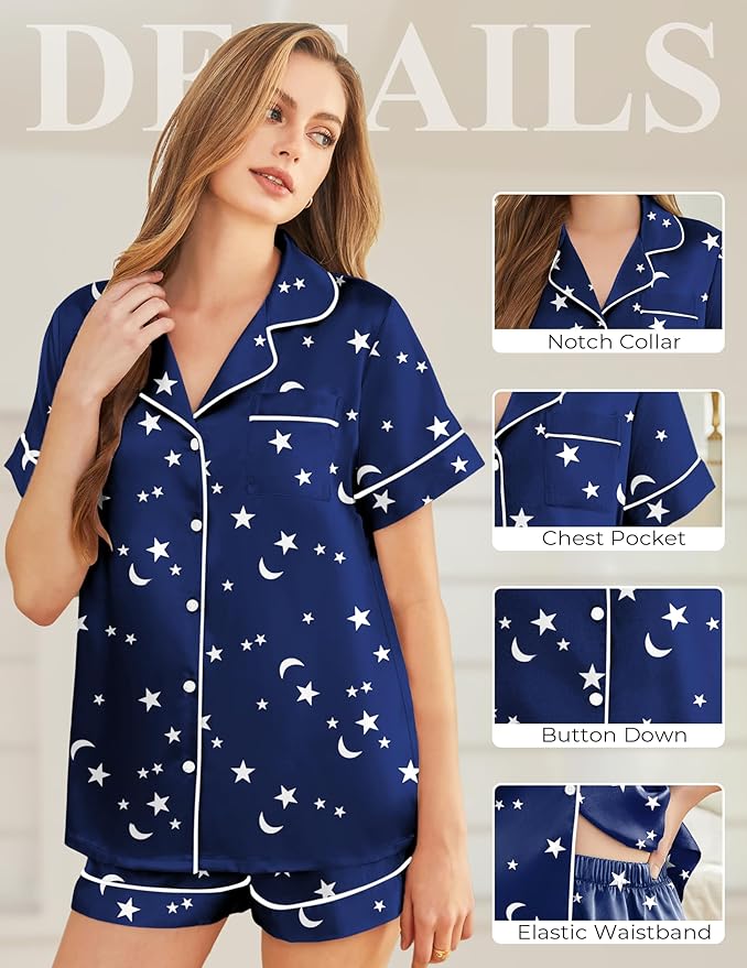 Silk Pajamas for Women Short Sleeve Sleepwear Soft Button Down Loungewear 2 Piece Satin Pjs Shorts Set S-XXL