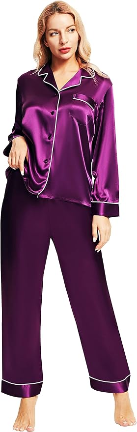 SIHA Satin Silk Pajamas for Women Pajama Set With Long Sleeve Button-Down Satin Pajamas Sleepwear XS-3XL