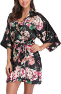 Women's Floral Satin Robes Bride Bridesmaid Getting Ready Robe Short Silky Kimono Sleepwear for Wedding Party