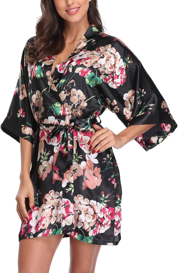 Women's Floral Satin Robes Bride Bridesmaid Getting Ready Robe Short Silky Kimono Sleepwear for Wedding Party