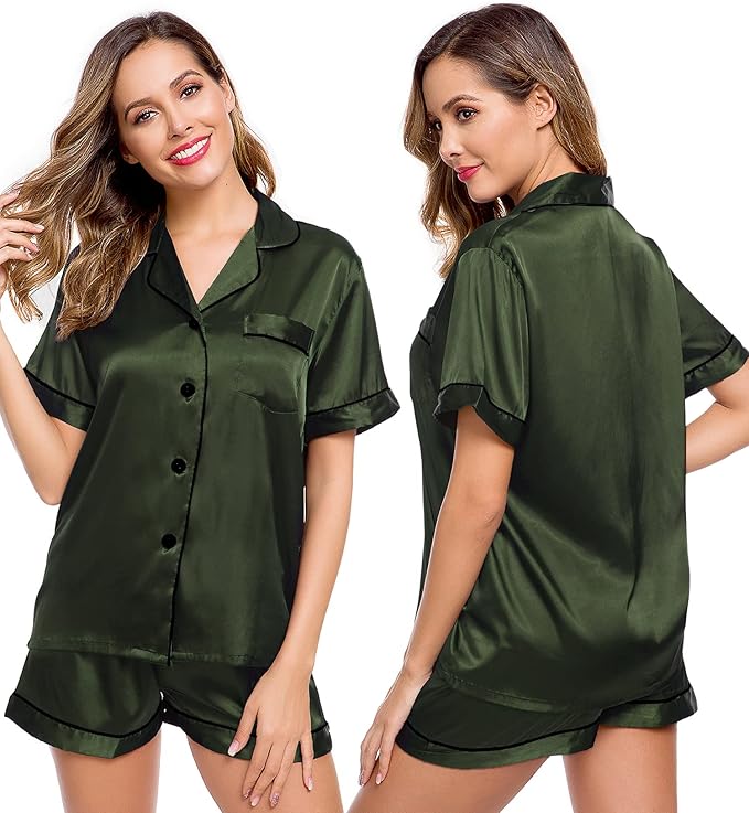 LecGee Womens Silk Satin Pajamas Short Sleeve Loungewear Two-Piece Sleepwear Button-Down Pj Set