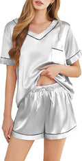 Silk Pajamas for Women Short Sleeve Satin 2 Piece Pj Set Soft V Neck Sleepwear Loungewear, S-XXL