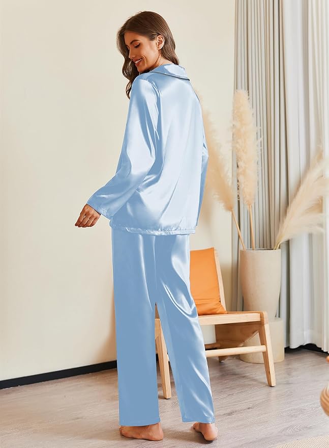 Ekouaer Pajamas For Women Set Silk Pjs 2 Piece Satin Sleepwear Long Sleeve Button Down Lounge Sets With Pant