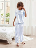 Ekouaer Womens Satin Silky Pajama Set Short Sleeve Shirt with Long Pajama Pant Set Soft PJ Loungewear