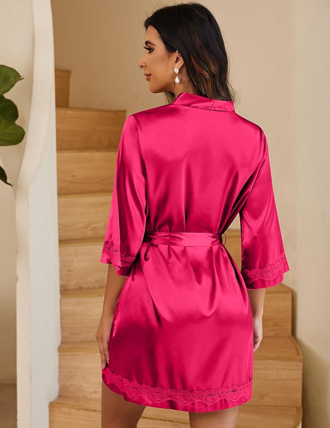 Ekouaer Women's Lace-Trim Silk Robes Bride Bridesmaid Kimono Satin Bathrobe V Neck Sleepwear with 3/4 Sleeve