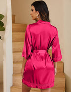 Ekouaer Women's Lace-Trim Silk Robes Bride Bridesmaid Kimono Satin Bathrobe V Neck Sleepwear with 3/4 Sleeve
