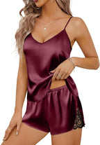 Ekouaer Satin Pajama Set for Women 2 Piece Silky Pjs Lace Cami Top and Shorts V Neck Lingerie Soft Nightwear