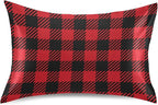 Christmas and New Year Buffalo Plaid Satin Pillowcase for Hair and Skin, Red and Black Buffalo Check Plaid Silk Pillow Case with Envelope Closure, Standard Size 20x26 inches, 1 PC