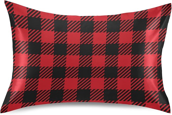 Christmas and New Year Buffalo Plaid Satin Pillowcase for Hair and Skin, Red and Black Buffalo Check Plaid Silk Pillow Case with Envelope Closure, Standard Size 20x26 inches, 1 PC
