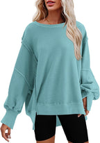Nirovien Womens Oversized Crewneck Sweatshirt Side Slit Long Sleeve Pullover Slouchy Fit Tops
